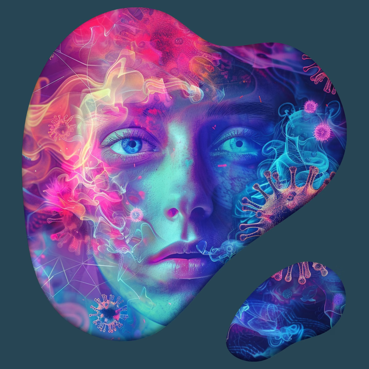 Stylized image of a woman's face and the COVID-19 spike protein. The colors are vibrant pink, purple neon.