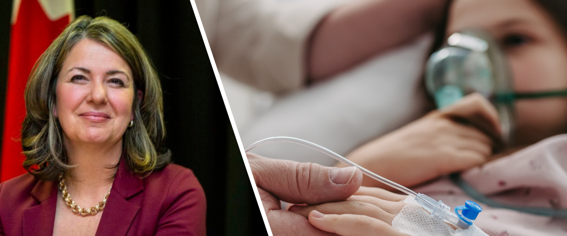 Alberta Premier Danielle Smith beside a young child receiving care in a hospital bed